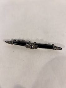 Vintage Sterling Silver onyx marcasite Amethyst pendant 3 1/4"