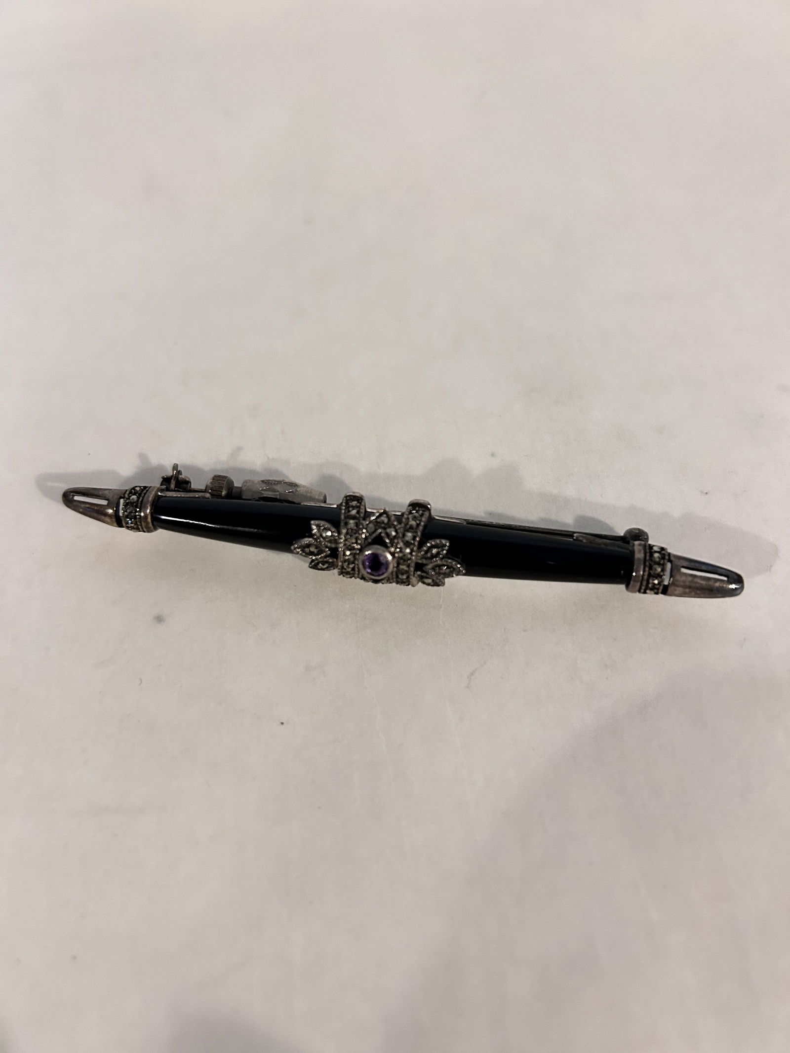 Vintage Sterling Silver onyx marcasite Amethyst pendant 3 1/4" (1 of 5)