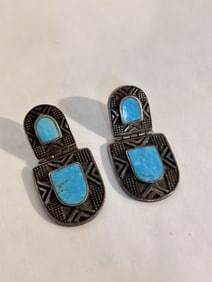 Tribal Earrings Turquoise Sterling Silver Marked PRECIV Ethnic Dangle Pierced