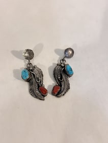 Native American Indian Sterling Silver Turquoise Coral Feather Drop Earrings