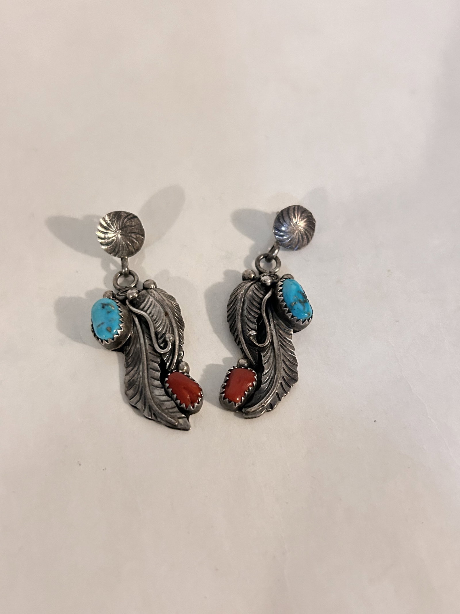 Native American Indian Sterling Silver Turquoise Coral Feather Drop Earrings: Native American Indian Sterling Silver Turquoise Coral Feather Drop Earrings Please view all photos as they are part of the description and condition of this Item, Feel free to contact me with questio