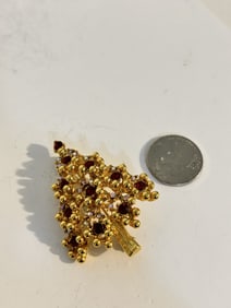 Vtg. Signed Eisenberg Gold Tone Vintage Christmas Tree Brooch red Rhinestones