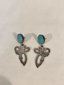 Vintage Sterling Silver mexico Turquoise earrings 2 1/4"