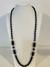 Vintage black onyx beaded Necklace 35"