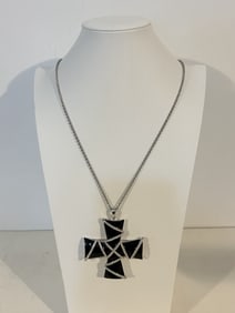 Kenneth Jay Lane Large Black Enamel Clear Rhinestones Cross Pendant Necklace 30" NOS