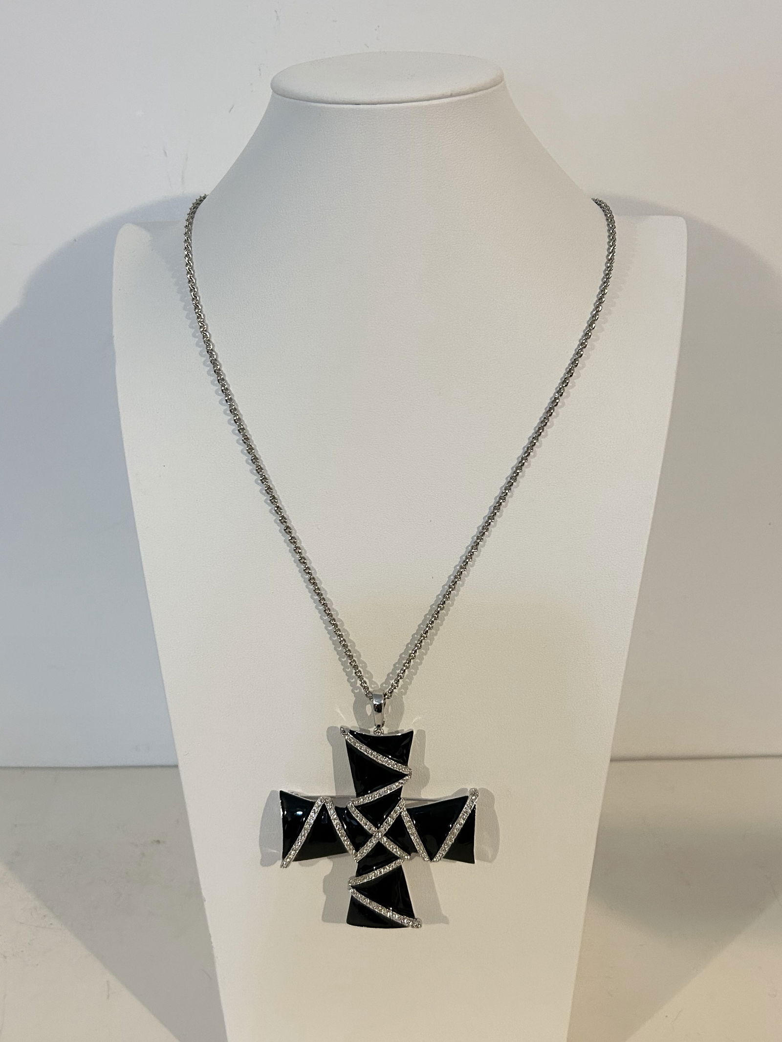 Kenneth Jay Lane Large Black Enamel Clear Rhinestones Cross Pendant Necklace 30" NOS (1 of 5)