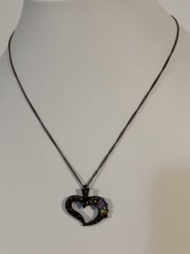 Vintage Sterling Silver marcasite multi gem stone heart Necklace 16"