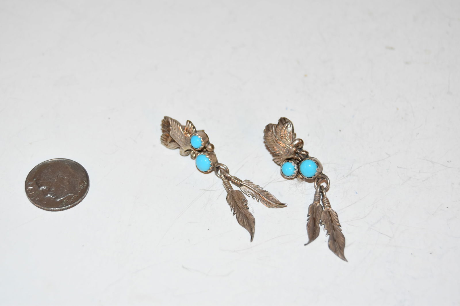 RARE Richard Begay RB Sterling Silver Feather TURQUOISE CORAL Pierced Earrings (1 of 3)
