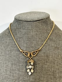 Vintage 1940s-1950s Crown Trifari Goldtone & Clear Rhinestone Designer Necklace 14"
