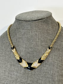 Vintage TRIFARI Black Enamel & Rhinestone Necklace 14"