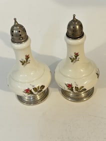 Pr Vtg Rosenthal Moss Rose W/Sterling Base & Tops Salt & Pepper Shakers