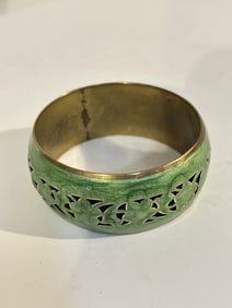 Vintage green enamel brass wide Bracelet 8"