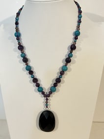 Vintage Sterling Silver Amethyst Turquoise beaded pendant Necklace sz 20"