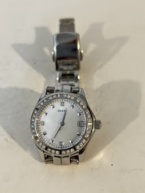 Vintage Women's GUESS Designer Watch mother of pearl Crystal Bezel works