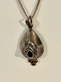 Vintage Sterling Silver marcasite onyx pendant Necklace 30"