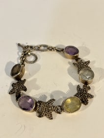 Vintage Sterling Silver star fish gemstone Bracelet 8"