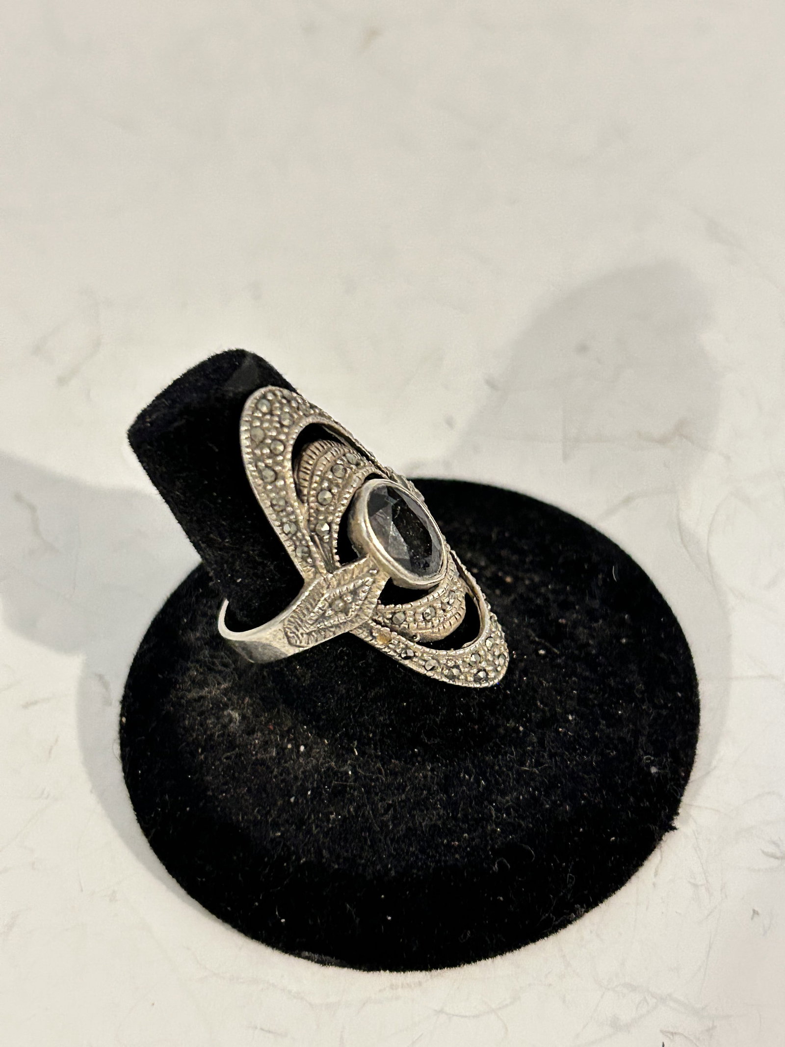 Vintage sterling silver marcasite Amethyst ring sz 8: Vintage sterling silver marcasite Amethyst ring sz 8Please view all photos as they are part of the description and condition of this Item, Feel free to contact me with questions or picture requests! U