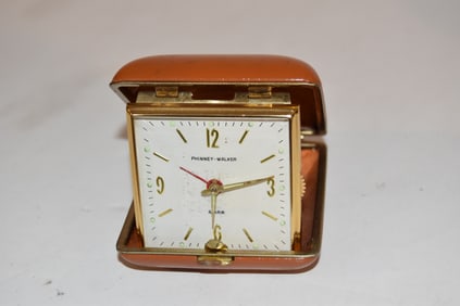 Vintage Phinney Walker Travel Windup Alarm Clock, Radium Glow Hands, Japan, Tan