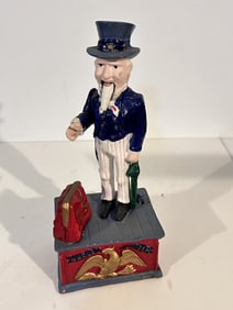 Antique Reproduction Uncle Sam Mechanical Coin Bank Cast Iron Metal