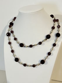 Vintage Antique Art Nouveau 1900s Purple Glass Brass Necklace 40" new clasp