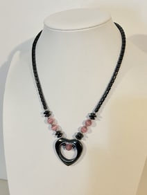 Hematite Necklace Heart Pendant Light Pink and Black Beads 17"