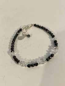Vintage Deb Guyot Sterling Silver Clear Quartz Black Crystal Beaded bracelet 8"