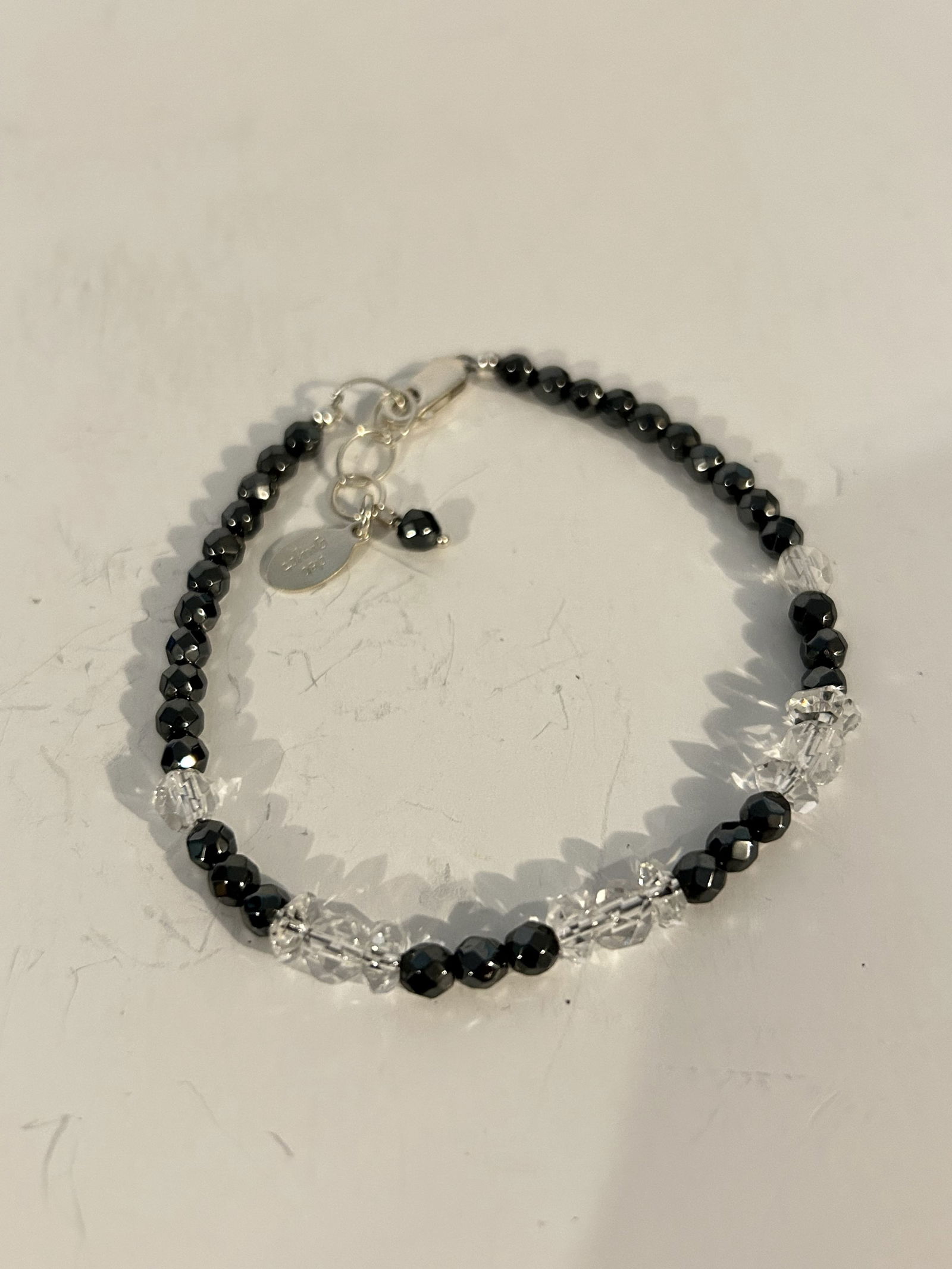 Vintage Deb Guyot Sterling Silver Clear Quartz Black Crystal Beaded bracelet 8" (1 of 4)