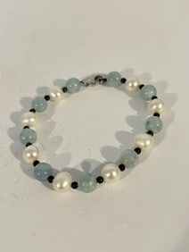 Vintage Sterling Silver beaded pearl jade Bracelet 8"