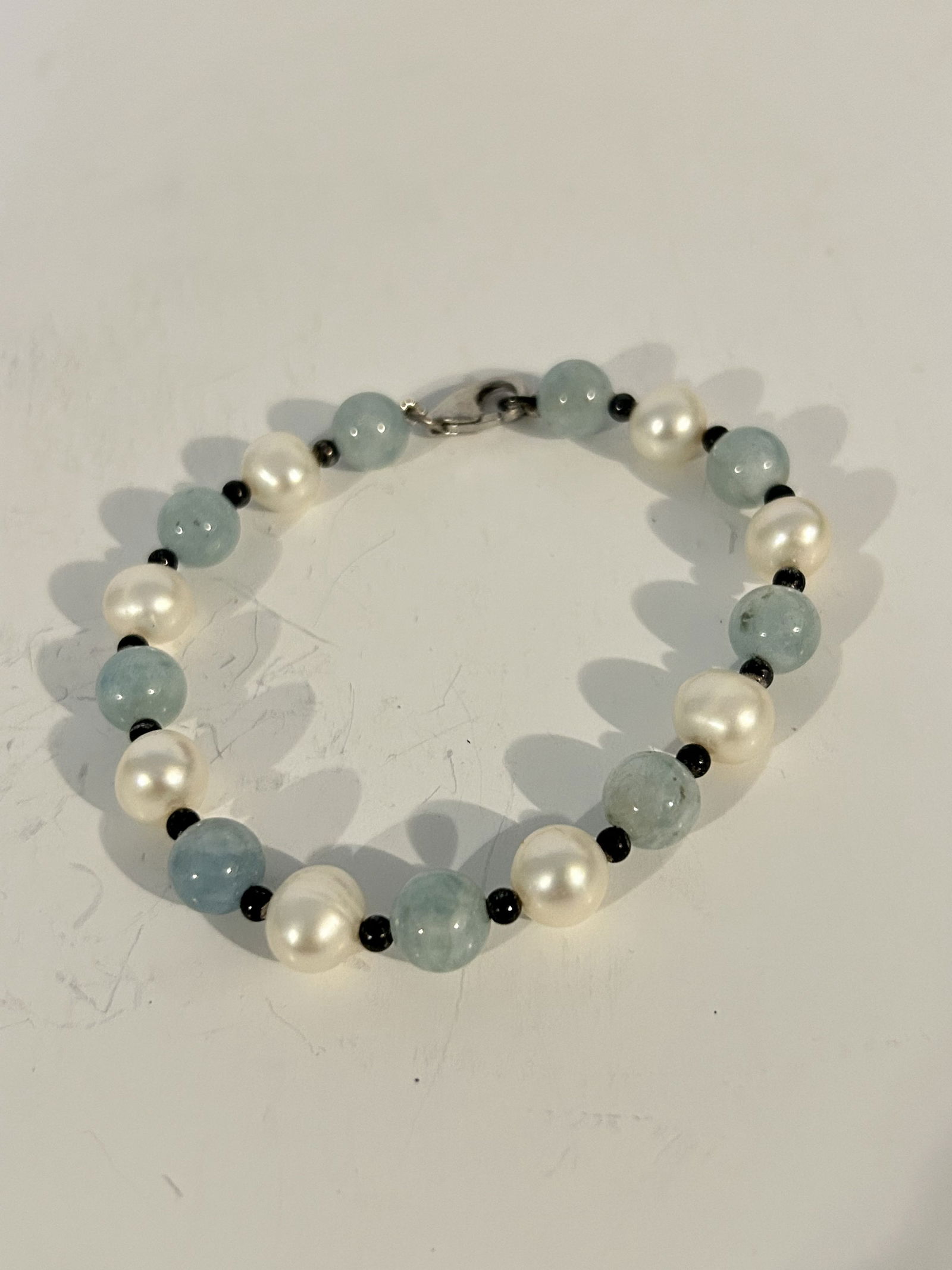 Vintage Sterling Silver beaded pearl jade Bracelet 8" (1 of 4)