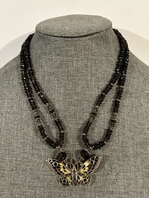 Vintage AKR Amy Kahn Russell Hand Painted Butterfly Bronze Pendant necklace 17"
