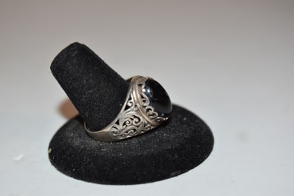 Vintage Sterling Silver onyx modernist filigree Ring sz 11