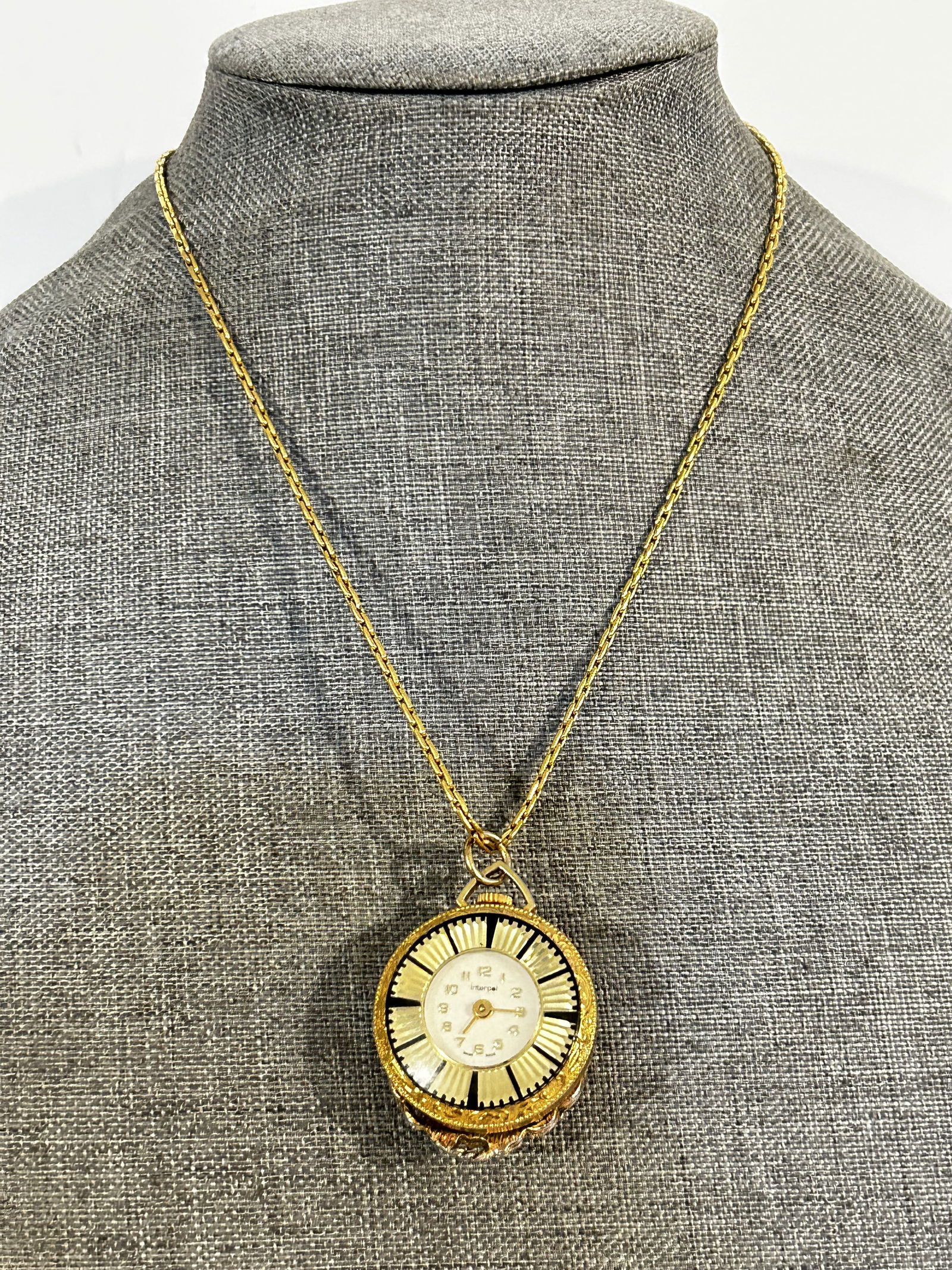 Vintage Interpol Gold Toned cameo Accent Swiss Made Wind Up pendant Pocket Watch necklace 18" (1 of 6)