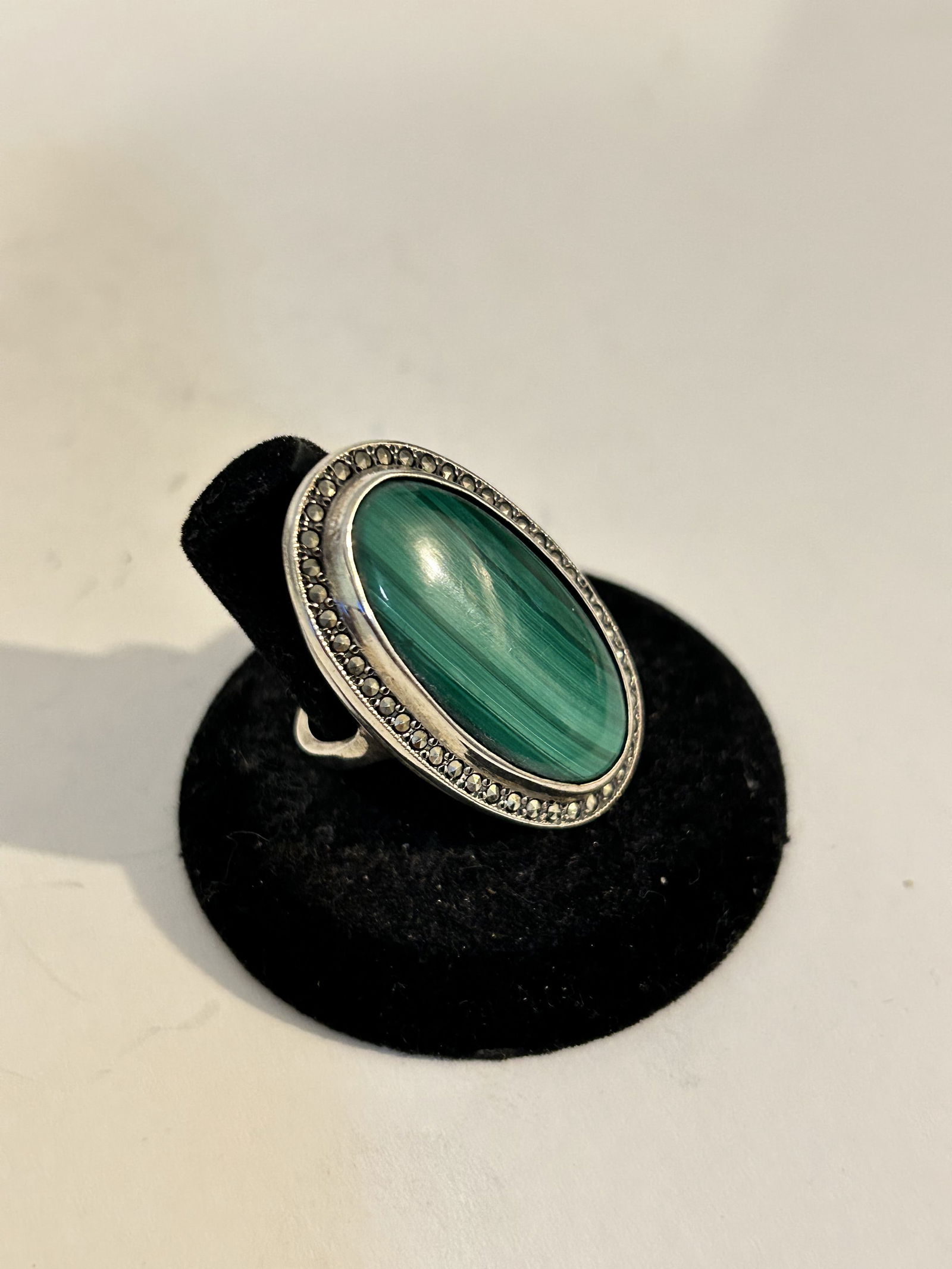 Vintage southwestern Sterling silver Malachite modernist ring sz 8 signed B-K (1 of 6)