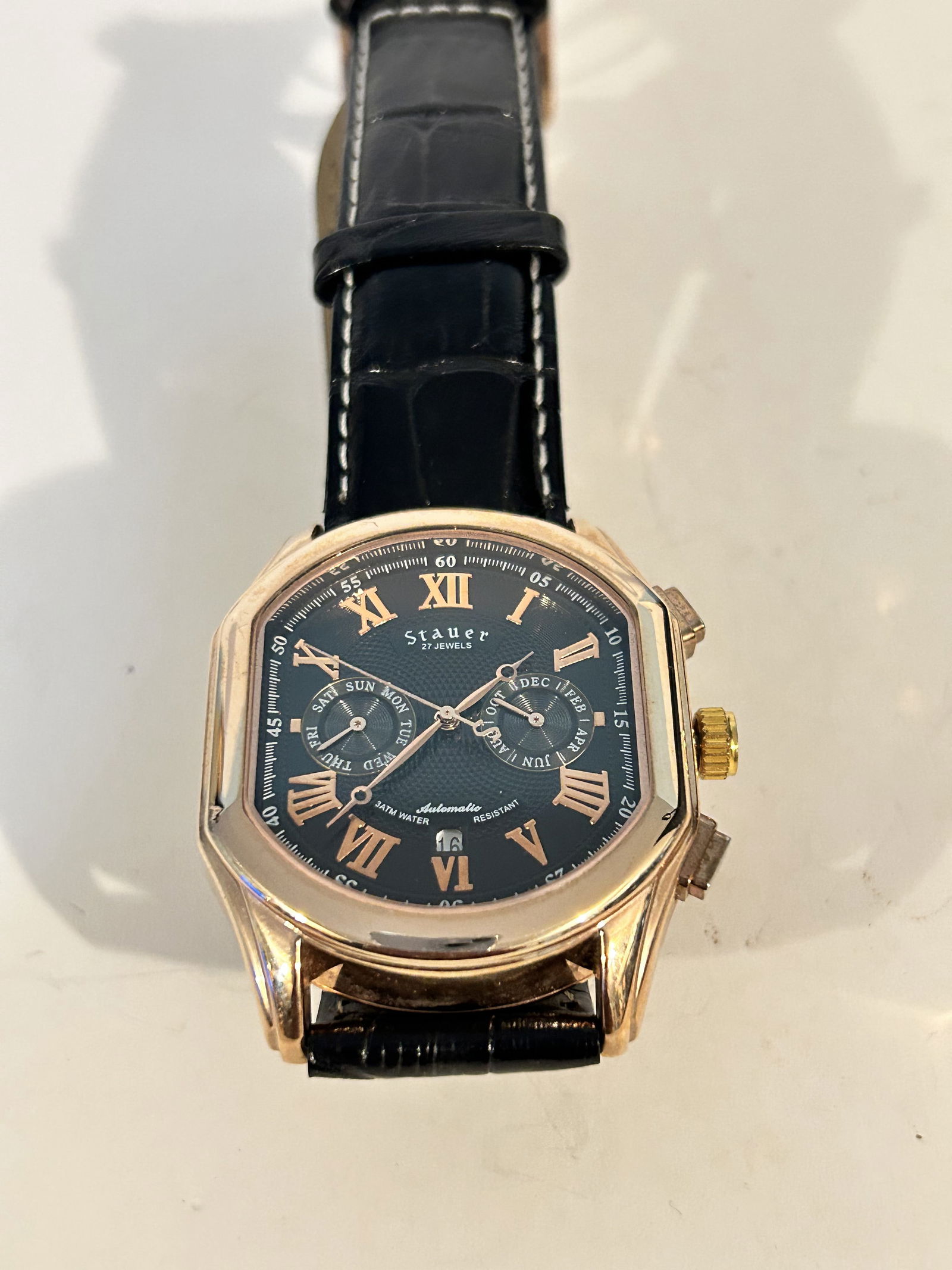 Men’s Stauer 27 jewels Automatic Leather Band black Dial Watch works great!!! (1 of 5)