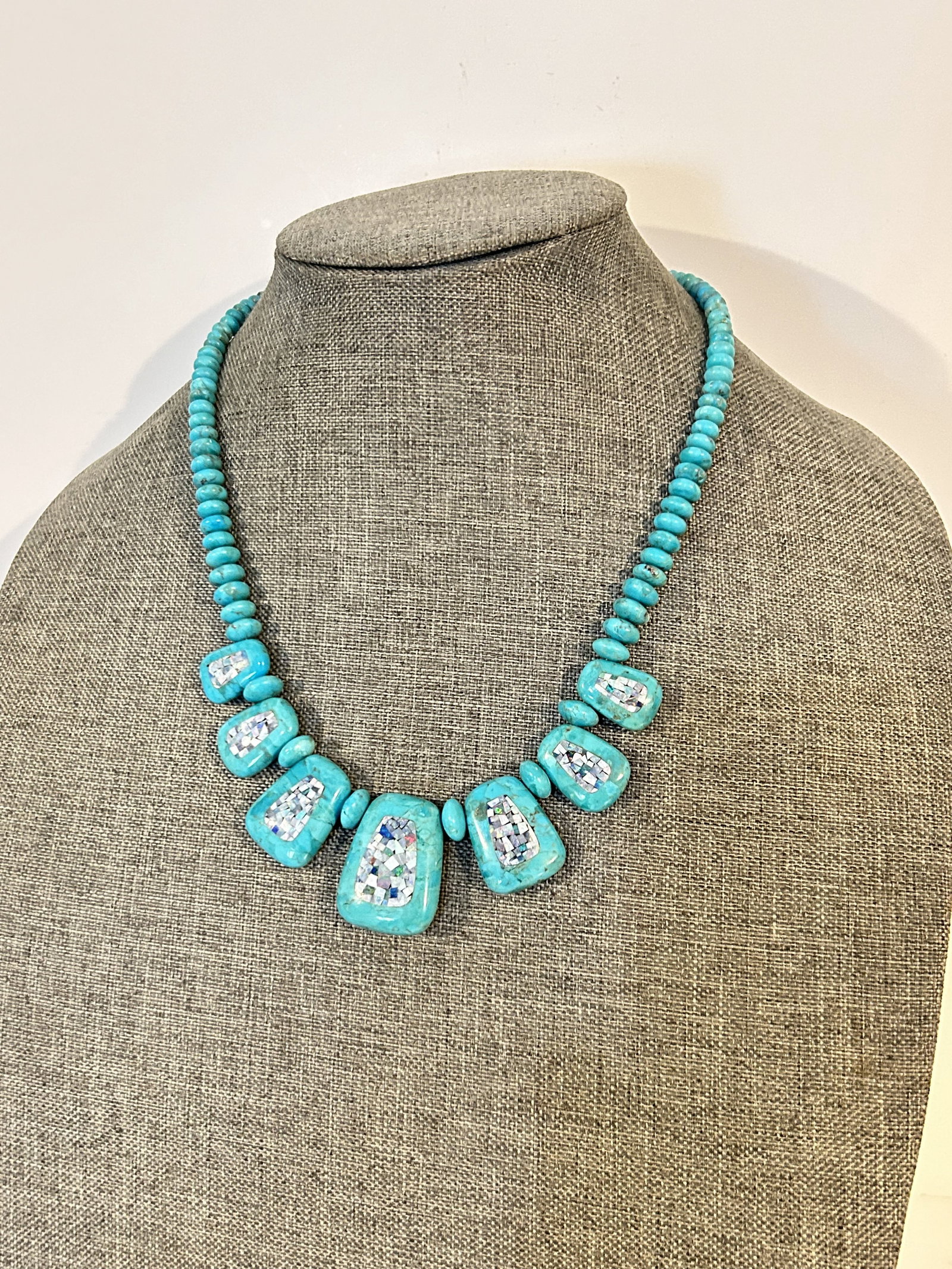 Vintage Sterling Silver Turquoise Inlaid Mosaic JAY KING OPAL Necklace 19": Vintage Sterling Silver Turquoise Inlaid Mosaic JAY KING OPAL Necklace 19" Please view all photos as they are part of the description and condition of this Item, Feel free to contact me with questions