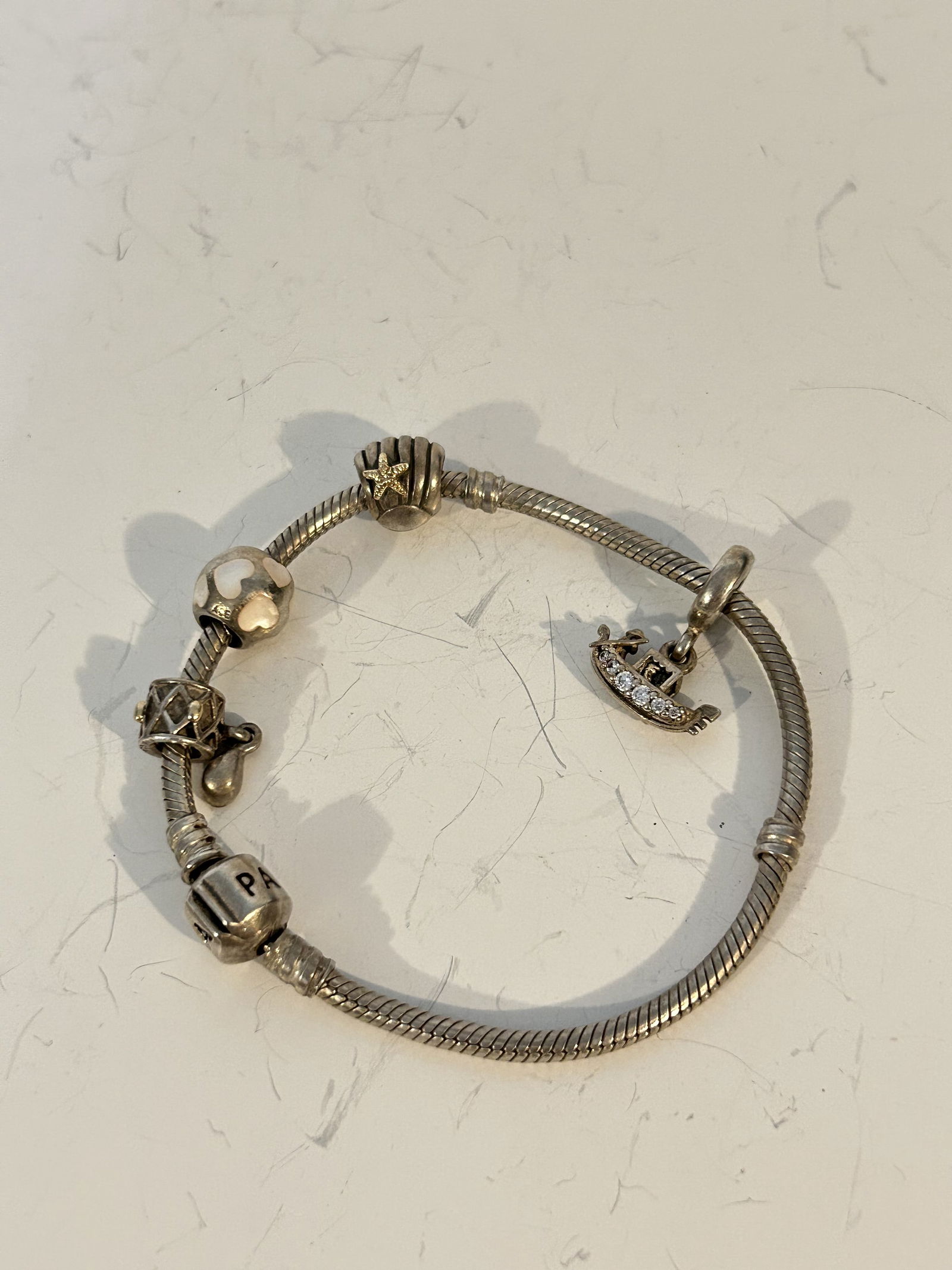 Vintage Pandora Bracelet with 4 Charms Sterling Silver sz 7" 14k star fish (1 of 5)