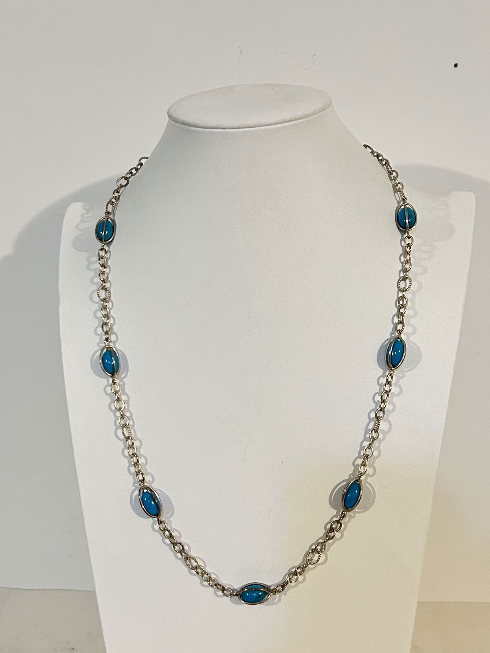 Vtg. Whitney Kelly Sterling Silver Cable Necklace with Encased Turquoise Beads 24" (1 of 6)