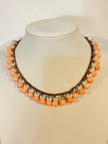 Vintage pink glass bead mother of pearl Necklace Sz 15"
