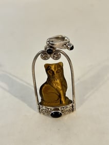 Vintage Sajen Sterling Silver tigers eye Cat Large Pendant 3"