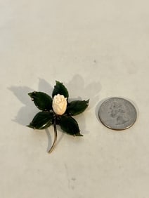 Vintage 14K Yellow Gold Carved Pink Coral Rose Flower Brooch 2" x 1 1/2"