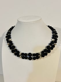 Vintage double black beaded Necklace Sz 16"