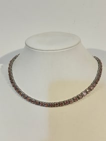 CZ Rhinestone Tennis Necklace Silver Tone 16" Signed CN GM