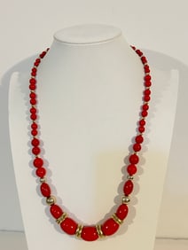 Vintage red & gold beaded Necklace Sz 23"