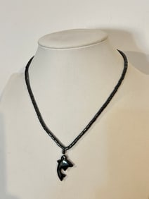 Vintage  Hematite/black dolphin fish pendant Necklace Sz 16"