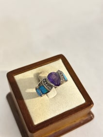 Vintage Sterling Silver Amethyst blue opal AK Ring sz 8