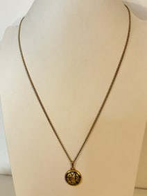 Vintage Damascene floral pendant Necklace Sz 23"