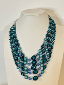 Vintage Japan blue beaded 5 strand Necklace Sz 14"