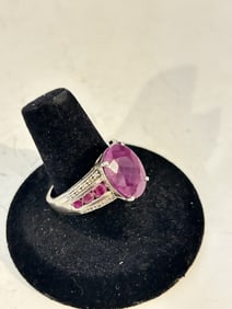 Vintage Sterling Silver ruby red gemstone 20 moissanite stones Ring sz 9