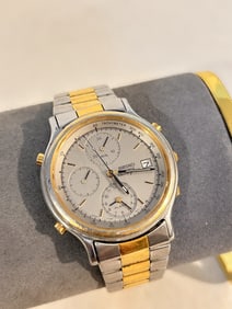 Vintage 1989 SEIKO Chronograph Alarm Men’s 38mm Quartz Watch Date SS Gold Gray