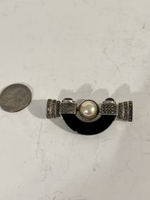 Vintage Sterling Silver Amethyst onyx pearl marcasite Brooch signed 2 1/4"